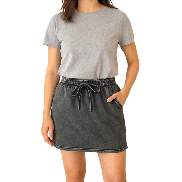 Black Acid Wash Drawstring Skirt Mainstrip Sz L Normcore Casual Cotton Comfycore - Picture 2 of 9